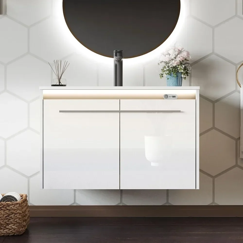 31" LED Floating Bathroom Vanity w/ Sink, High Gloss Single Sink Wall Mounted Bathroom Storage Vanity Cabinet w/ Metal Handles
31" LED Floating Bathroom Vanity w/ Sink, High Gloss Single Sink Wall Mounted Bathroom Storage Vanity Cabinet w/ Metal Handles