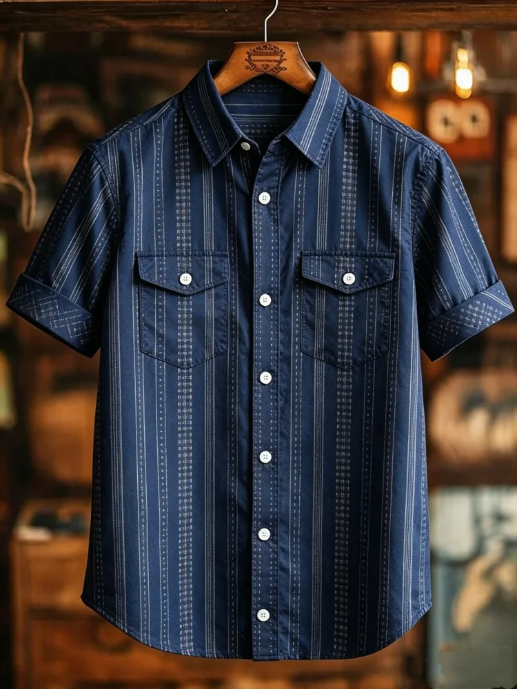 Mens Short Sleeve Shirt Double Pocket Turn Down Collar Vertical Stripe Print Shirt
Mens Short Sleeve Shirt Double Pocket Turn Down Collar Vertical Stripe Print Shirt
