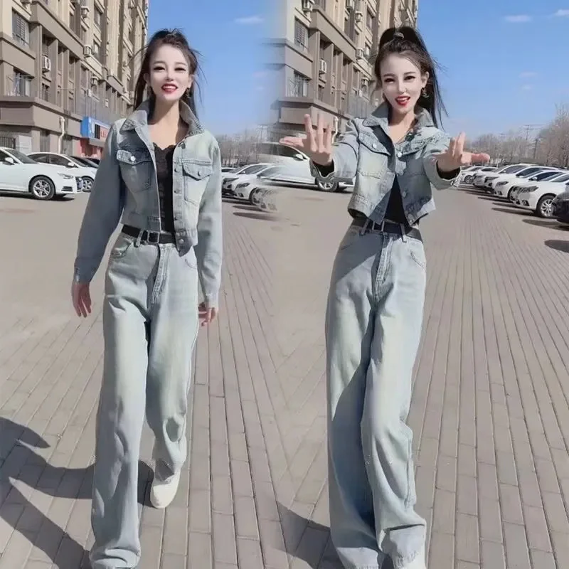 2025 Female Leisure Denim 2PCS Spring Autumn Women Cowboy Tops Wide Leg Pants Outfit Korean Ladies Fashion Short Two-piece Set
2025 Female Leisure Denim 2PCS Spring Autumn Women Cowboy Tops Wide Leg Pants Outfit Korean Ladies Fashion Short Two-piece Set