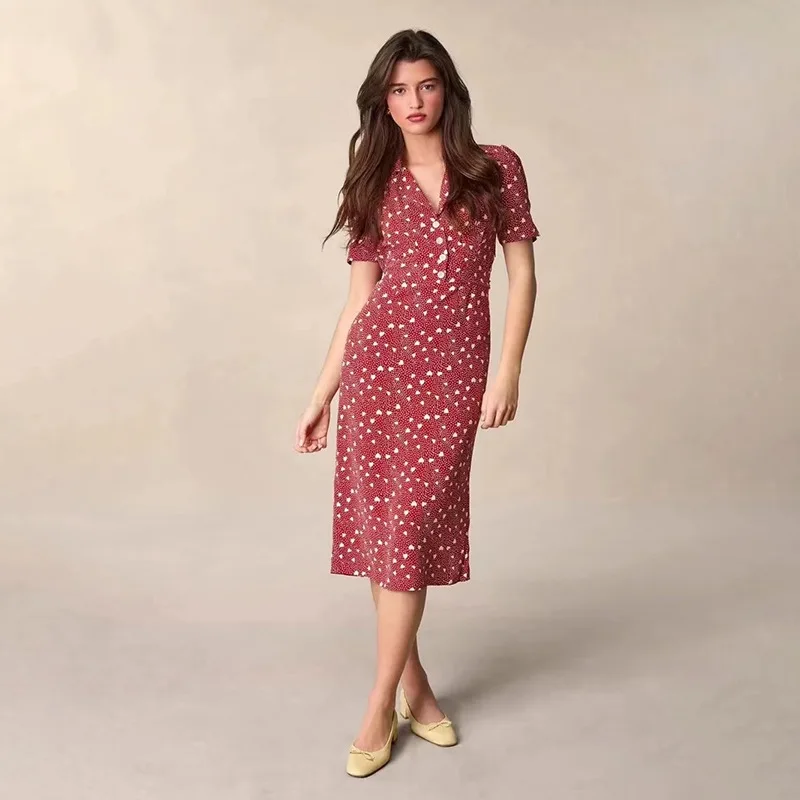 French Style High Waist A-Line Dress Vintage Single Button Tea Break Skirt Short Sleeve V-Neck Midi Dress Heart Pattern
French Style High Waist A-Line Dress Vintage Single Button Tea Break Skirt Short Sleeve V-Neck Midi Dress Heart Pattern