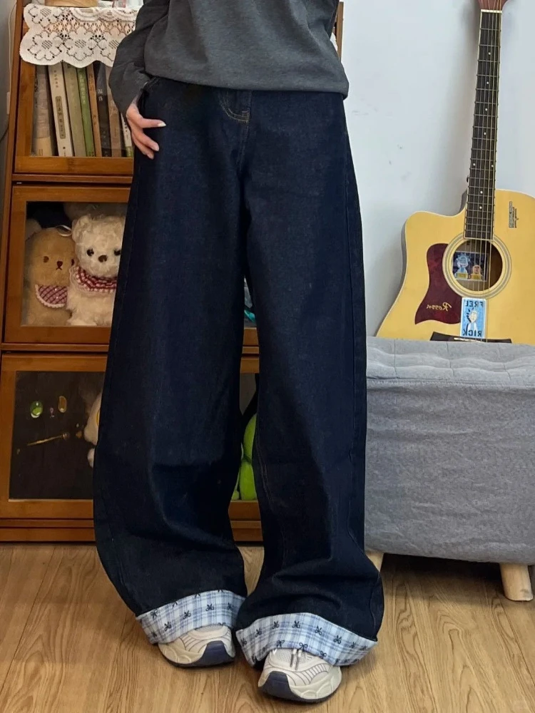 Retro washed bow checkered patchwork jeans women in spring embroidered high waisted loose fit wide leg floor length pants
Retro washed bow checkered patchwork jeans women in spring embroidered high waisted loose fit wide leg floor length pants
