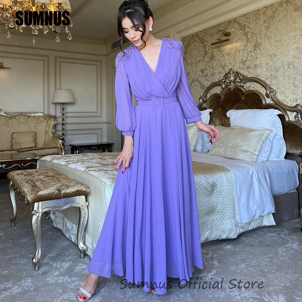 SUMNUS Light Purple Chiffon A Line Evening Dresses V Neck Beading Arabic Party Dress Belt Long Sleeves Ankle Length Prom Gowns
SUMNUS Light Purple Chiffon A Line Evening Dresses V Neck Beading Arabic Party Dress Belt Long Sleeves Ankle Length Prom Gowns