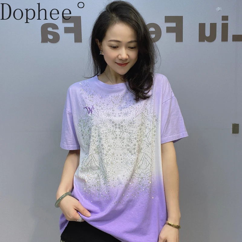 Streetwear Gradient Hot Drilling Women T-shirt All-match Summer Loose O-neck Pullover Top Casual Short Sleeve Cotton Basic Tees
Streetwear Gradient Hot Drilling Women T-shirt All-match Summer Loose O-neck Pullover Top Casual Short Sleeve Cotton Basic Tees