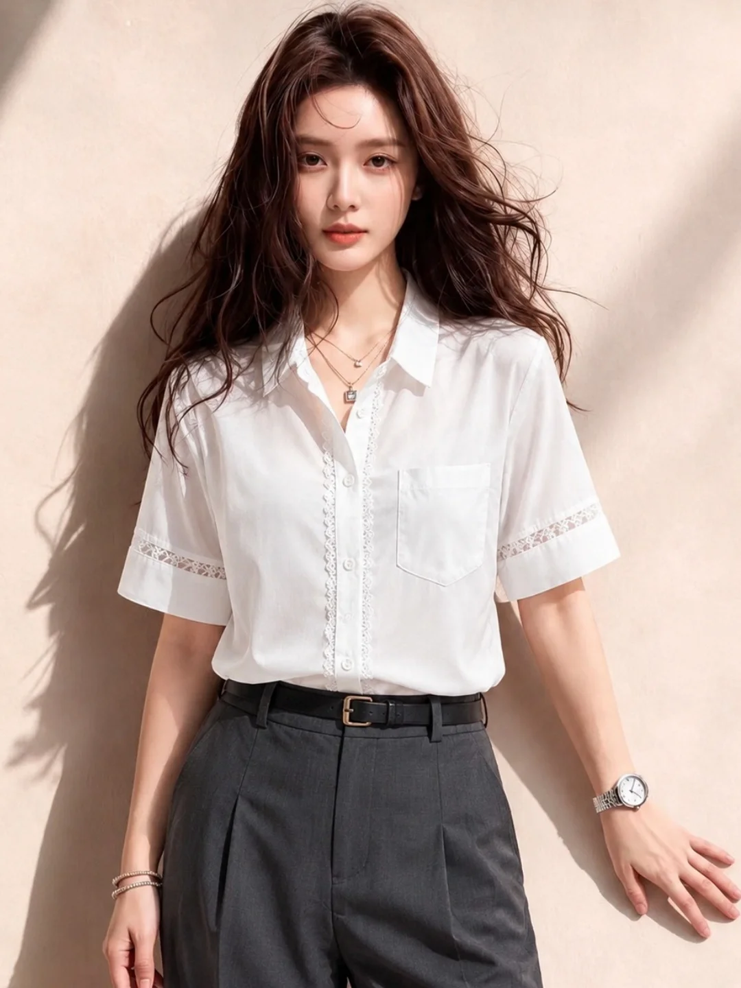 Lace Trim Single Button Short Sleeve Shirt Summer Loose Fit Fashionable Sun Protection Top for Women Commute Style Casual Wear
Lace Trim Single Button Short Sleeve Shirt Summer Loose Fit Fashionable Sun Protection Top for Women Commute Style Casual Wear