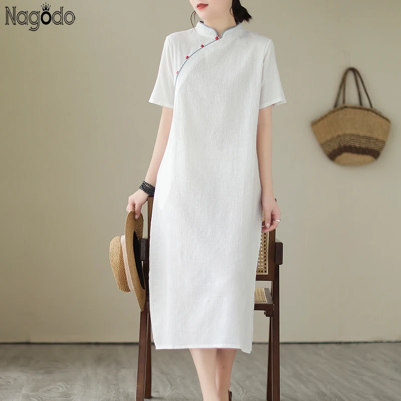 Cotton and Linen Chinese Style Women's Long Dress Stand Collar A-Line Tea Clothing Loose Retro Dresses Short Sleeve Summer Skirt
Cotton and Linen Chinese Style Women's Long Dress Stand Collar A-Line Tea Clothing Loose Retro Dresses Short Sleeve Summer Skirt
