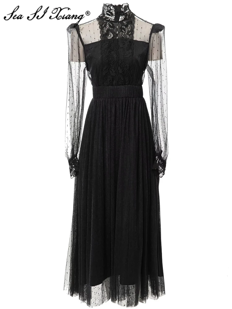 Seasixiang Fashion Designer Summer Black Dot Mesh Dress Women's Stand Collar Lantern Sleeve Ruffles Vintage Party Dresses
Seasixiang Fashion Designer Summer Black Dot Mesh Dress Women's Stand Collar Lantern Sleeve Ruffles Vintage Party Dresses