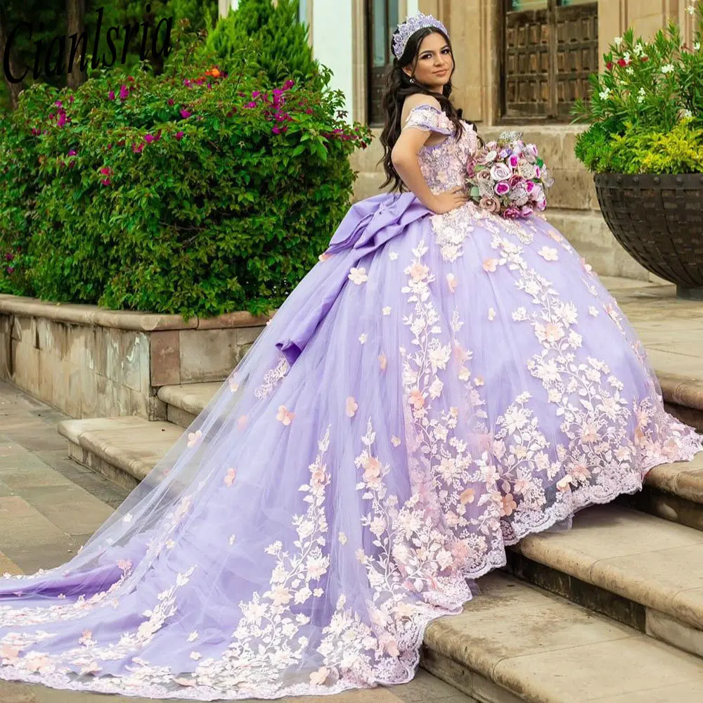 Lilac 3D Flowers Bow Quinceanera Dresses Ball Gown Off The Shoulder Appliques Lace Customized Corset Vestidos De XV Anos
Lilac 3D Flowers Bow Quinceanera Dresses Ball Gown Off The Shoulder Appliques Lace Customized Corset Vestidos De XV Anos