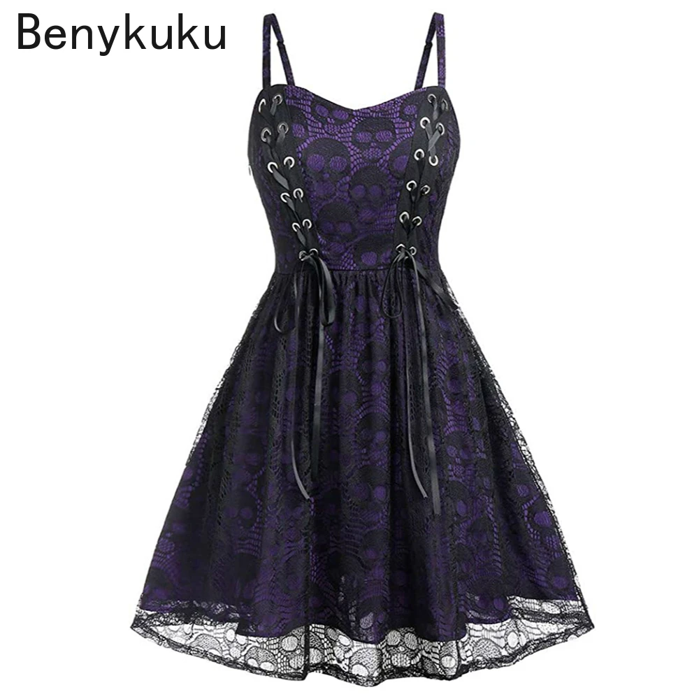 Spaghetti Strap Gothic Punk Skull Lace Mesh Summer Dress Women Sleeveless Sexy Lace Up Halloween Vintage Mini Dresses Streetwear
Spaghetti Strap Gothic Punk Skull Lace Mesh Summer Dress Women Sleeveless Sexy Lace Up Halloween Vintage Mini Dresses Streetwear