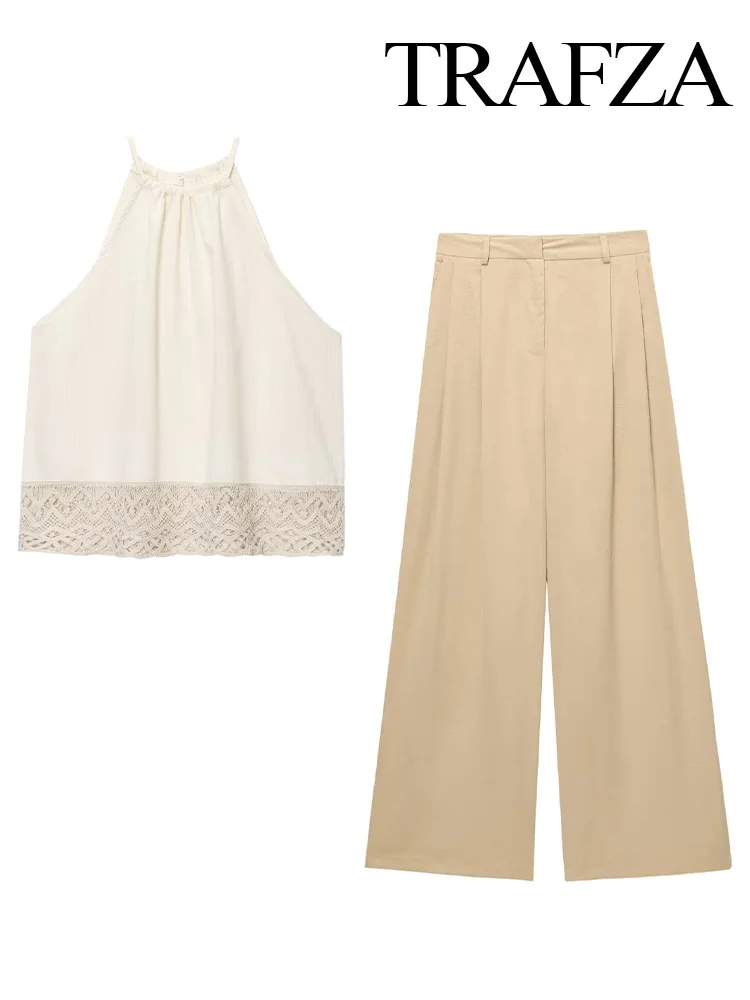 TRAFZA Women Fashion Flax Blending Solid Pants Suit Sleeveless Hem Vacation Style O-Neck Short Top+Zipper Wide-leg Pleated Pants
TRAFZA Women Fashion Flax Blending Solid Pants Suit Sleeveless Hem Vacation Style O-Neck Short Top+Zipper Wide-leg Pleated Pants