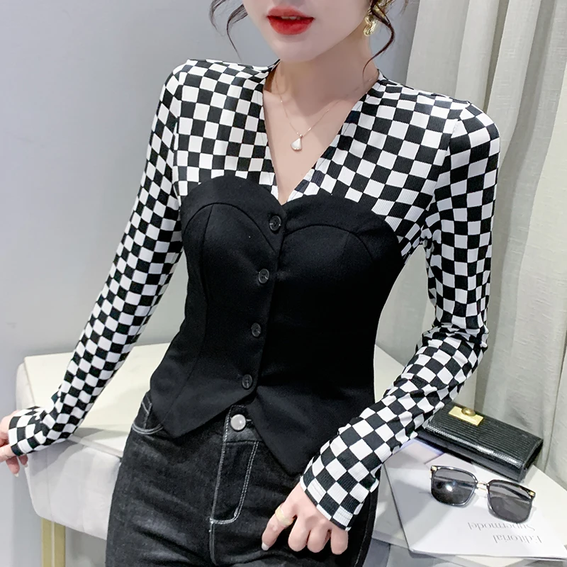Fall Winter European Clothes T-Shirt Chic Sexy Button Cardigan Patchwork Checkerboard Women's Tops Long Sleeve Slim New Tees 010
Fall Winter European Clothes T-Shirt Chic Sexy Button Cardigan Patchwork Checkerboard Women's Tops Long Sleeve Slim New Tees 010