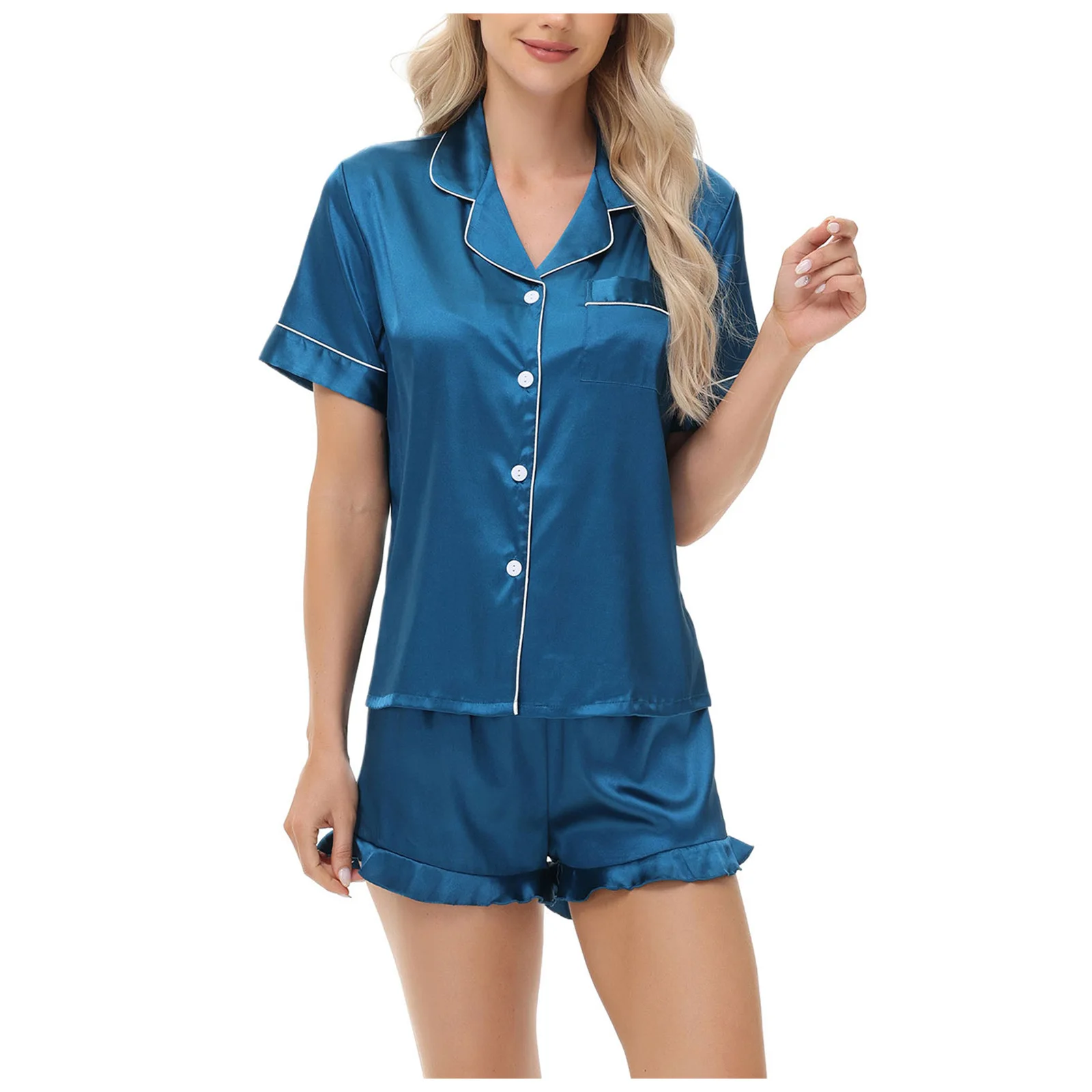 Женский пижамный комплект, шорты с короткими рукавами, домашняя одежда, домашняя сцена для отдыха, синий атласный материал, шелковистый, приятный для кожи
Женский пижамный комплект, шорты с короткими рукавами, домашняя одежда, домашняя сцена для отдыха, синий атласный материал, шелковистый, приятный для кожи