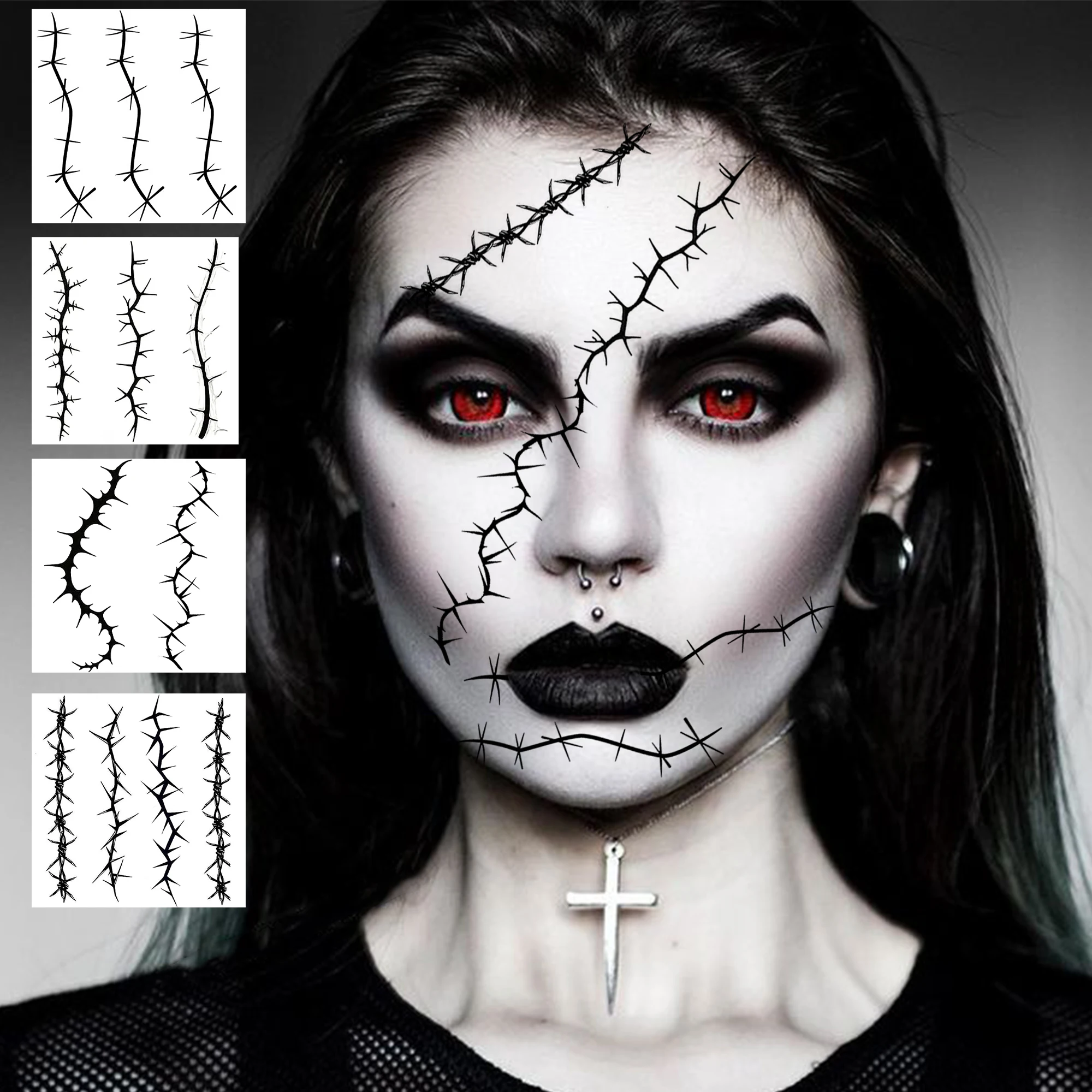 4 Sheets Gothic Thorn Barbed Wire Crack Face Halloween Cosplay Temporary Tattoo Stickers, Realistic Waterproof Temp Fake Tattoos
4 Sheets Gothic Thorn Barbed Wire Crack Face Halloween Cosplay Temporary Tattoo Stickers, Realistic Waterproof Temp Fake Tattoos