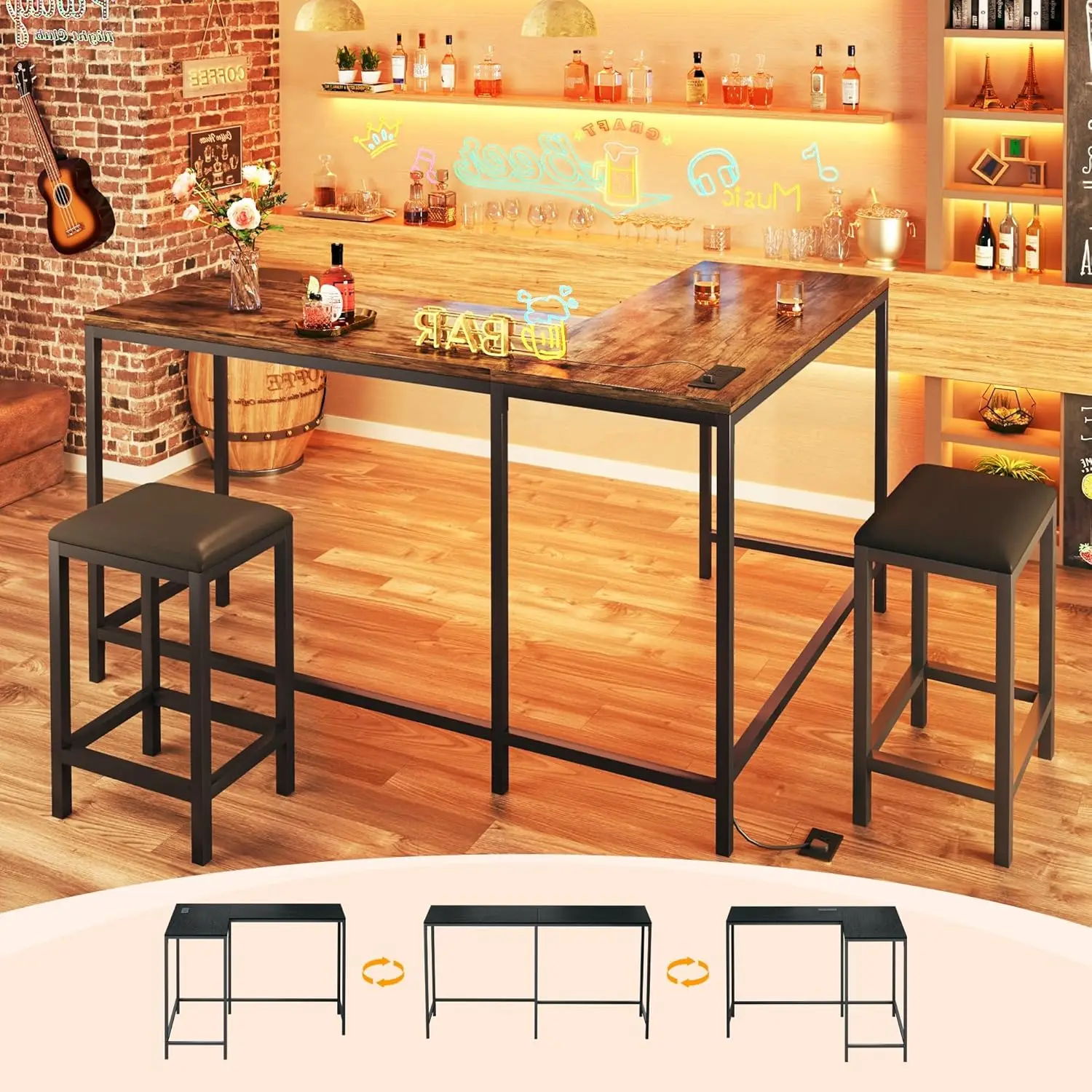 L Shaped Bar Table Stools 63in Power Outlets Convertible Counter Height Corner High Top Small Space Rustic Customized
L Shaped Bar Table Stools 63in Power Outlets Convertible Counter Height Corner High Top Small Space Rustic Customized