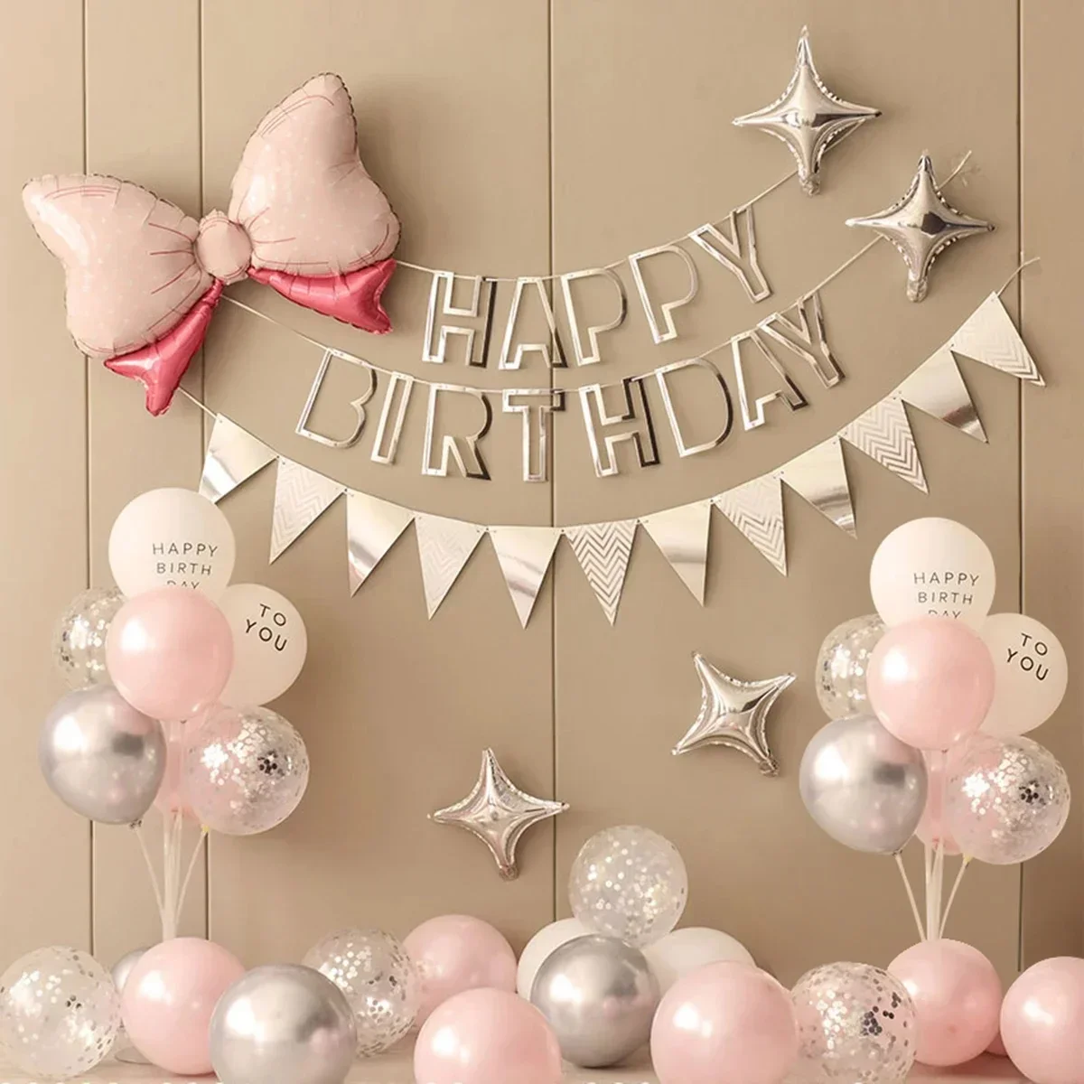 36PCS Pink and Silver Simple Birthday Balloon Party Set Pink bow and hollowed out paper flag Decoration
36PCS Pink and Silver Simple Birthday Balloon Party Set Pink bow and hollowed out paper flag Decoration