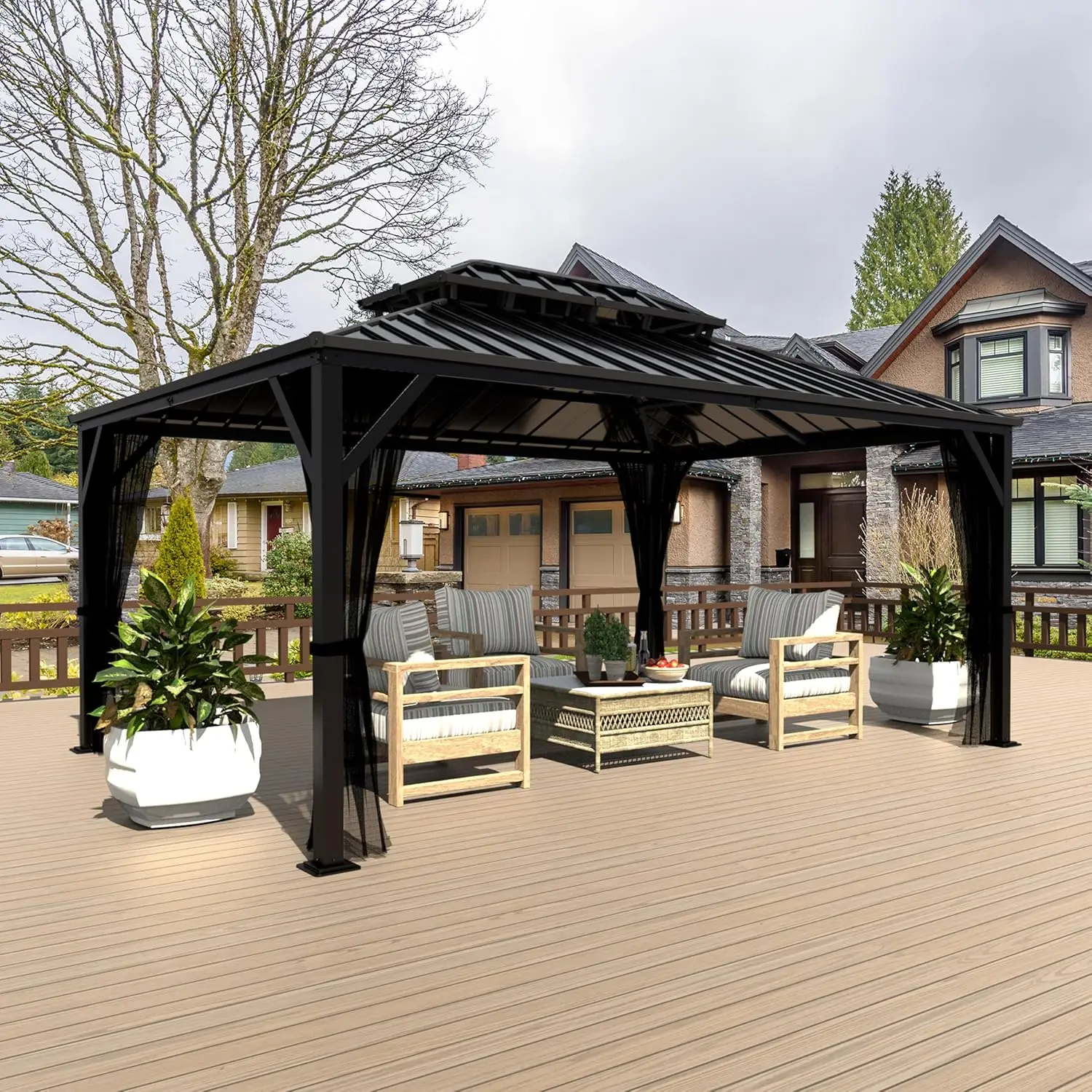 10x14 Hardtop Gazebo Double Galvanized Steel Roof Permanent Pavilion Mesh Netting Patio, Customized
10x14 Hardtop Gazebo Double Galvanized Steel Roof Permanent Pavilion Mesh Netting Patio, Customized