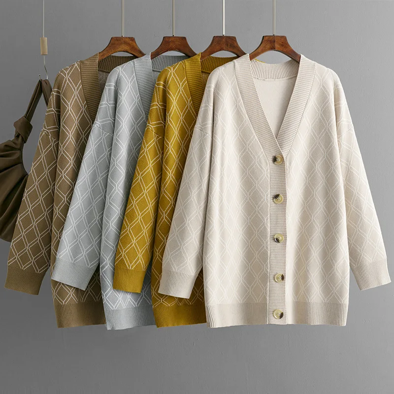 Winter New Korean Fashion V-neck Knit Cardigan Sweater Coats Women Casual Loose Diamond Plaid Sweater Jacket Autumn Cardigans
Winter New Korean Fashion V-neck Knit Cardigan Sweater Coats Women Casual Loose Diamond Plaid Sweater Jacket Autumn Cardigans