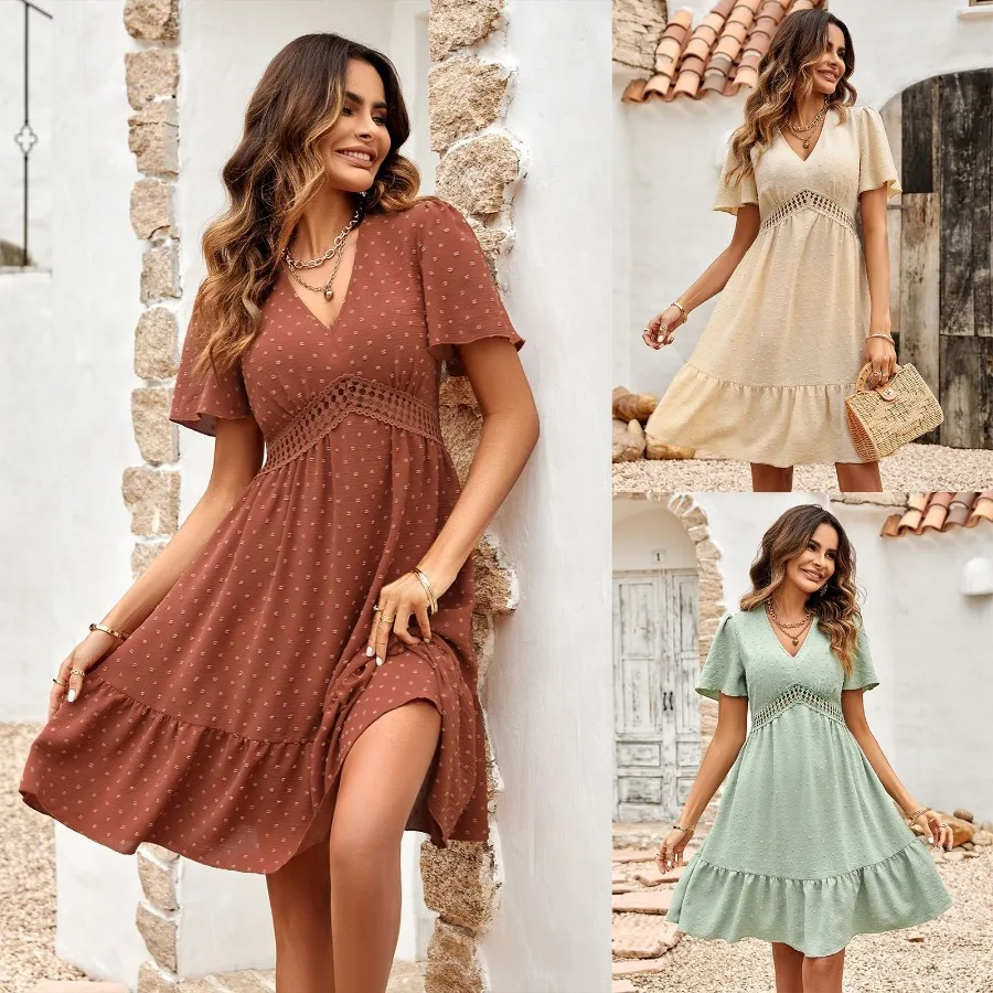 【New style】Women's beach summer new style fresh V-neck solid color jacquard lotus leaf sleeve waist dress
【New style】Women's beach summer new style fresh V-neck solid color jacquard lotus leaf sleeve waist dress