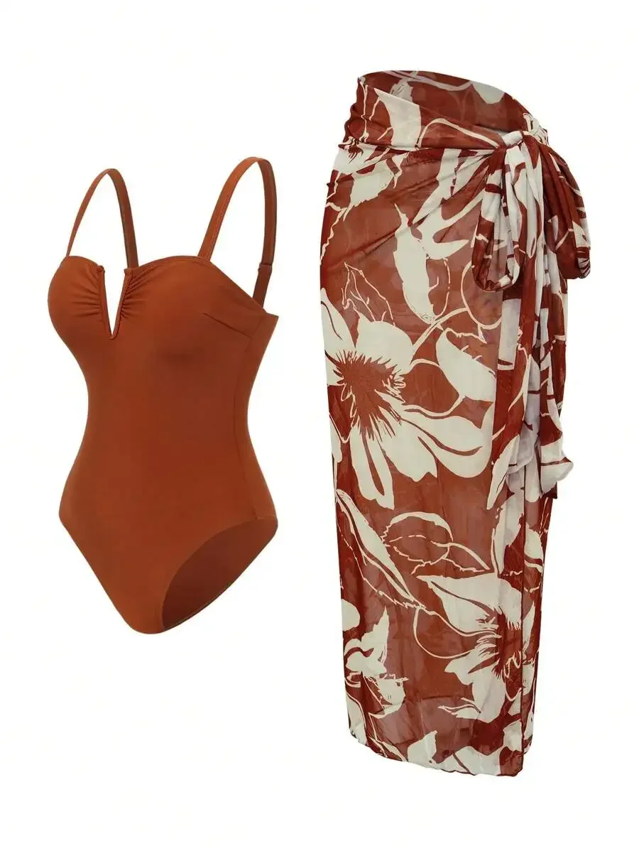 Womens V-Neck Adjustable Strap One-Piece Swimsuit With Floral Print Swim Skirt Set Summer Beach Vacation Outfit
Womens V-Neck Adjustable Strap One-Piece Swimsuit With Floral Print Swim Skirt Set Summer Beach Vacation Outfit