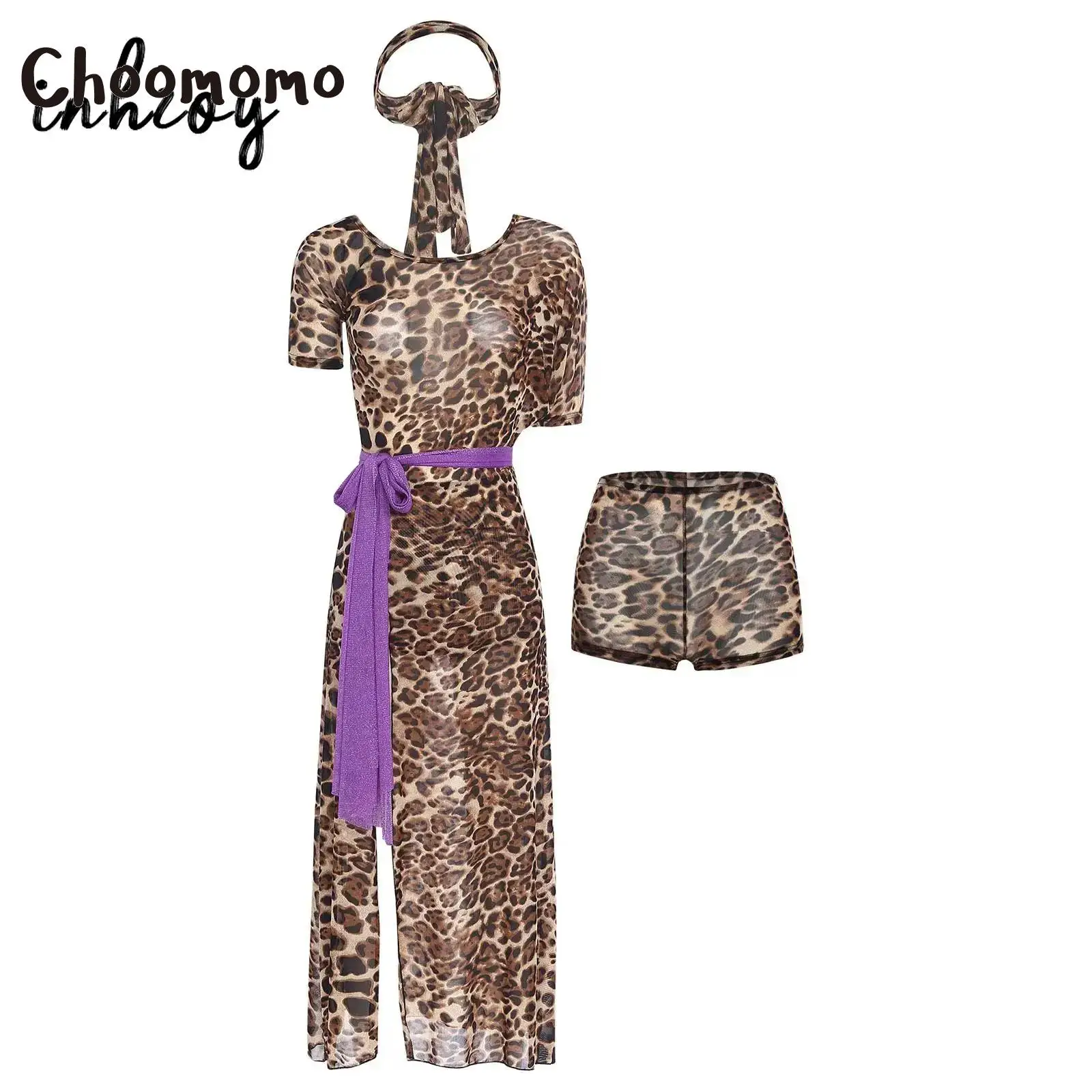 Women Belly Dance Mesh Dress with Safety Shorts and Hip Scarfs Short Sleeve Side Split Leopard Print Maxi Dress Dance Outfit 
Women Belly Dance Mesh Dress with Safety Shorts and Hip Scarfs Short Sleeve Side Split Leopard Print Maxi Dress Dance Outfit