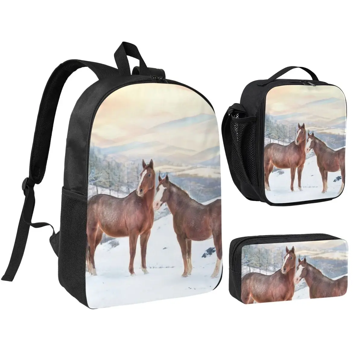Horses With Snow And Sunset Hills Backpack Student BookBag School Bag Computer Shoulder Bags 3ps Insulated Lunch Bag Pencil Case
Horses With Snow And Sunset Hills Backpack Student BookBag School Bag Computer Shoulder Bags 3ps Insulated Lunch Bag Pencil Case
