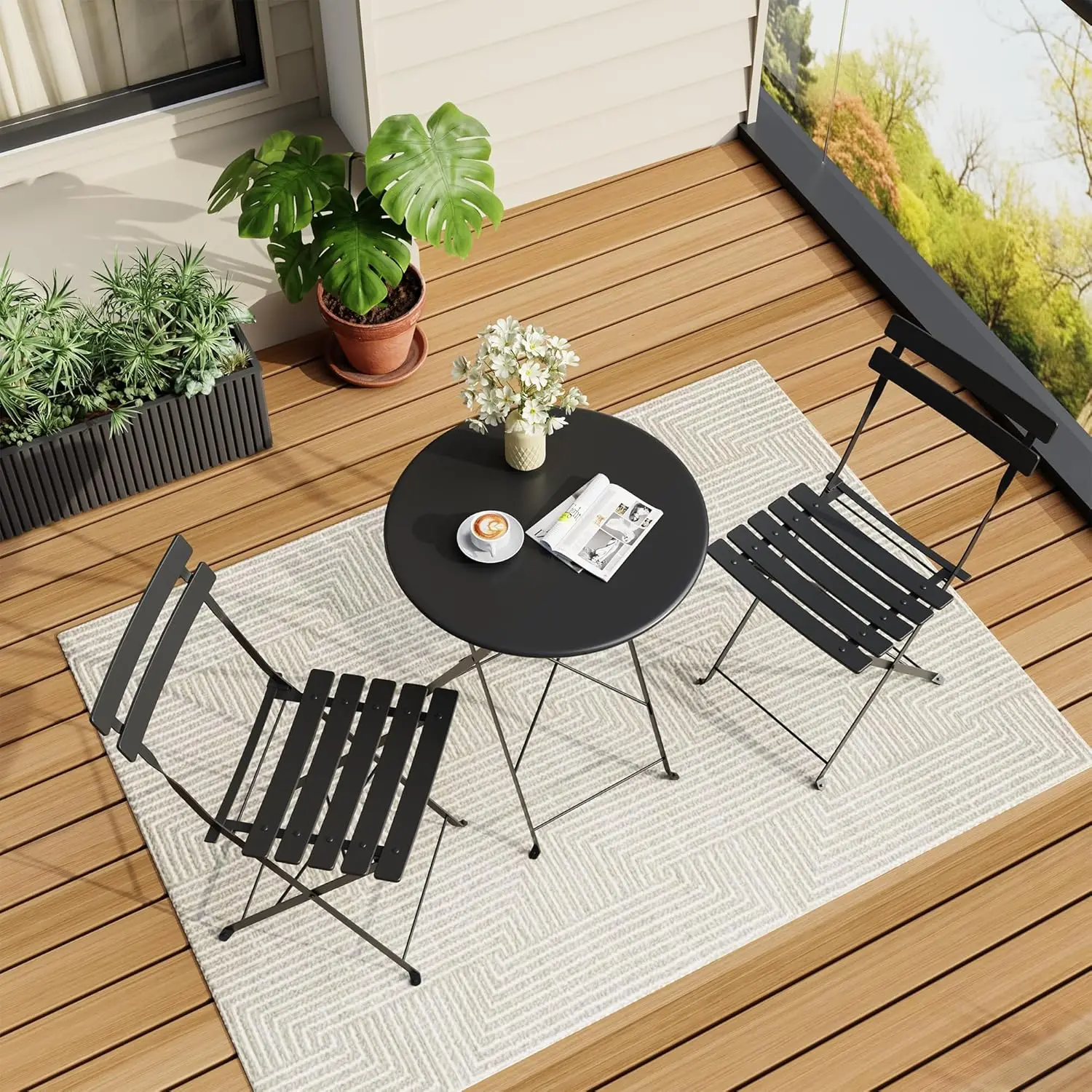 Black 3-piece indoor and outdoor foldable bistro set with two matching chairs and foldable coffee table, stable premium frame fits small balcony, yard and garden leisure corners
Black 3-piece indoor and outdoor foldable bistro set with two matching chairs and foldable coffee table, stable premium frame fits small balcony, yard and garden leisure corners
