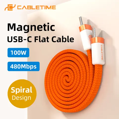 CABLETIME Magnetic USB C Flat CableC to C Cable 100W 480Mbps High-Speed Transfer Type C Cable for iPhone 17 HUAWEI XIAOMI OPPO