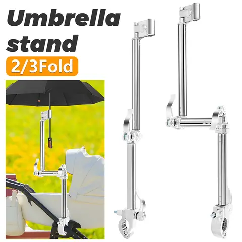 2/3 Fold Stainless Steel Umbrella Stand Adjustable Stroller Umbrella Mount Holder 360° Rotation Bicycle Sunshade Fixing Clip