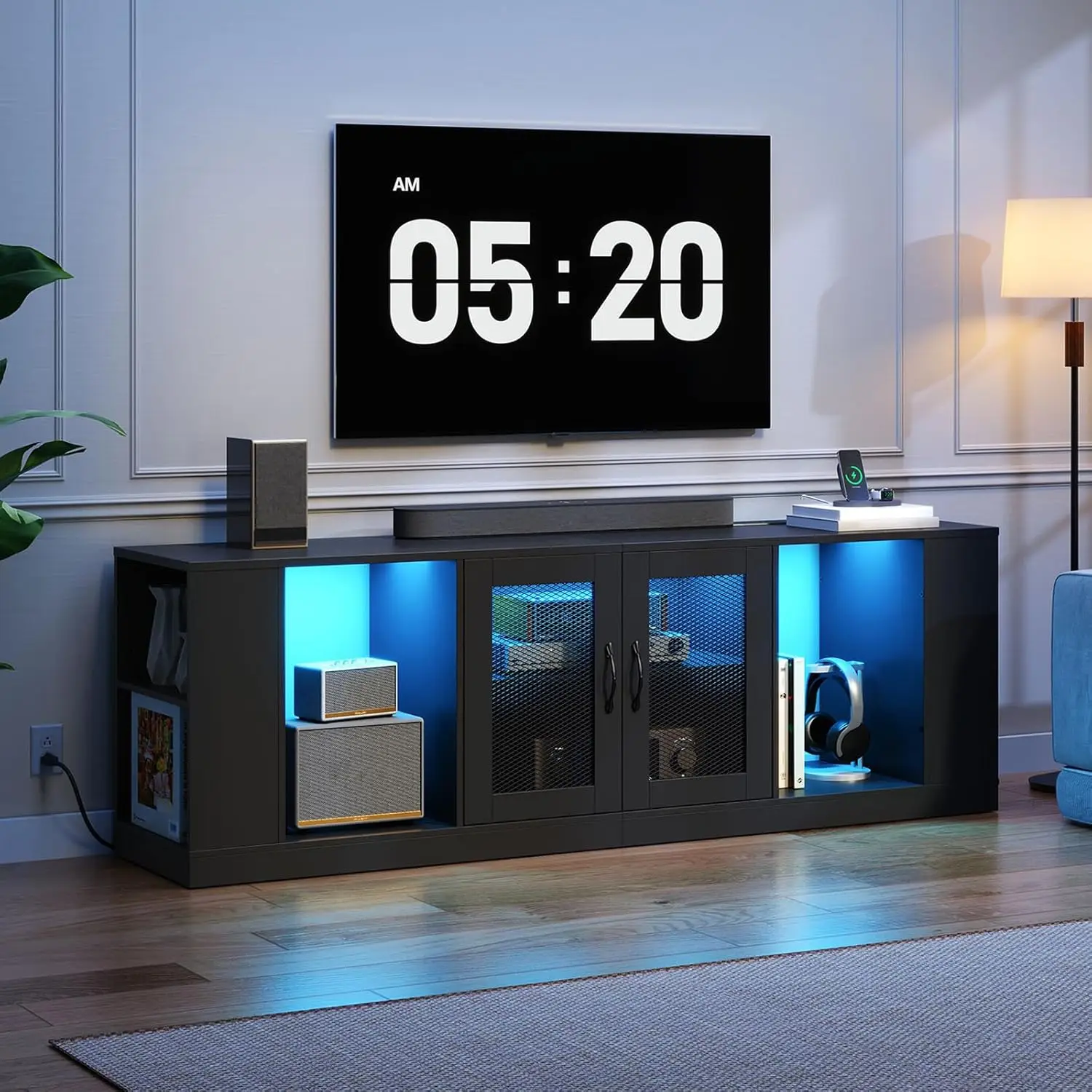 LED TV Stand Power Outlet LED Lights Storage Shelves Media Console Living Room Bedroom 59", Custom
LED TV Stand Power Outlet LED Lights Storage Shelves Media Console Living Room Bedroom 59", Custom