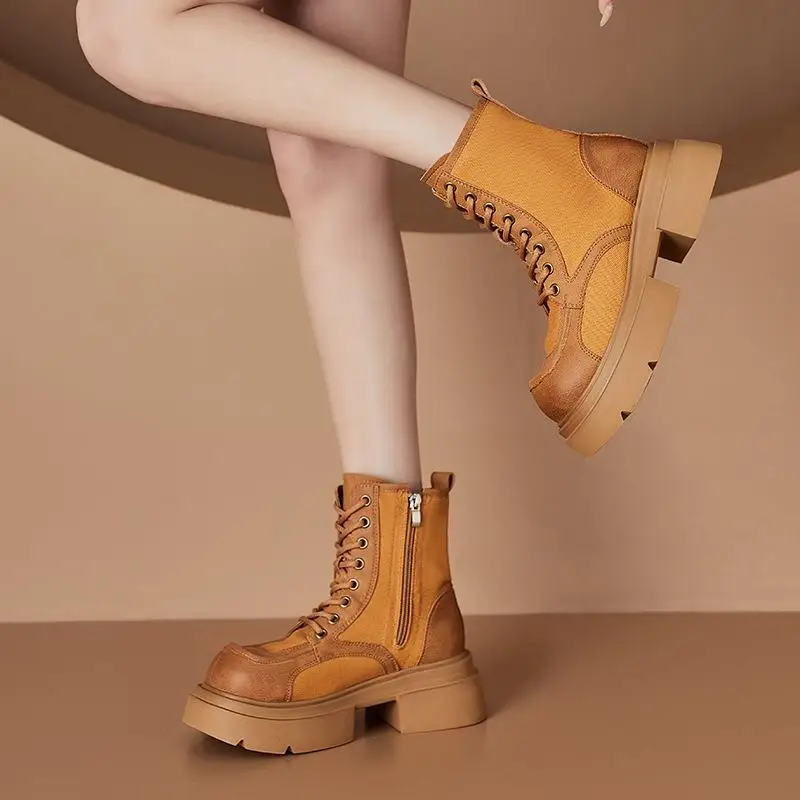 Thick Bottom Boots Genuine Leather Canvas Patchwork Side Zipper Kickproof Yellow Boots Casual round Toe Winter Boots
Thick Bottom Boots Genuine Leather Canvas Patchwork Side Zipper Kickproof Yellow Boots Casual round Toe Winter Boots