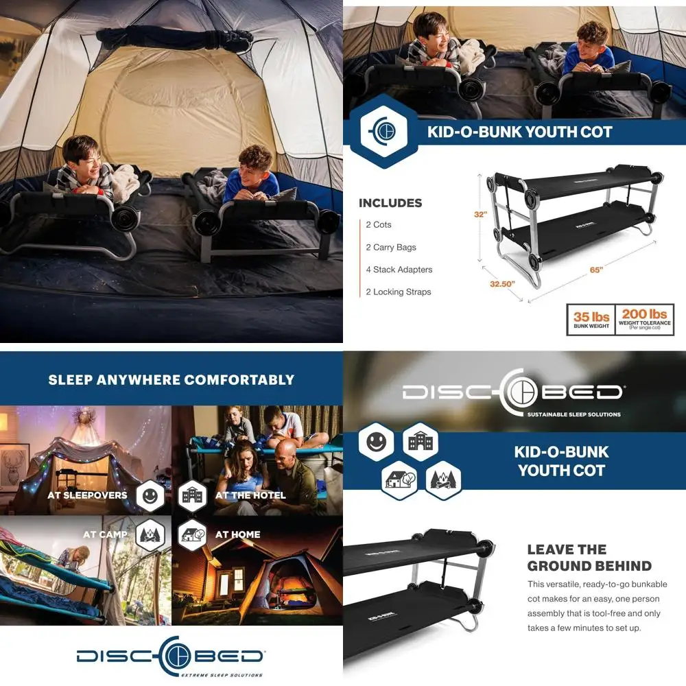 Youth Twin Cot Bunk Beds with Dual Sleeping Options and Portable Storage Bags
Youth Twin Cot Bunk Beds with Dual Sleeping Options and Portable Storage Bags