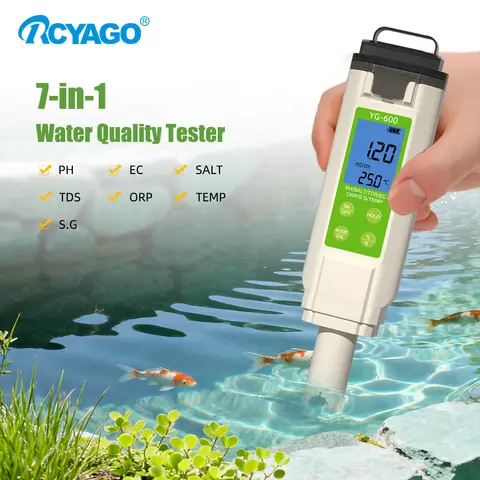 RCYAGO 7-in-1 Digital PH/ORP/EC/TDS/Salinity/S.G/Temp Water Quality Tester High Accuracy pH Meter for Aquarium Pool Spa Koi Pond