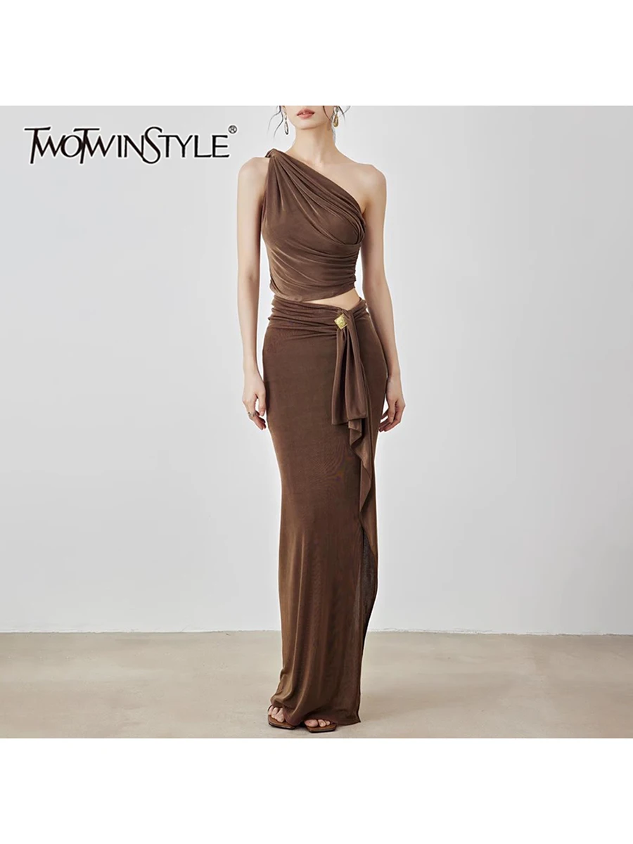 TWOTWINSTYL Solid Two Piece Set For Women Slanted Collar Sleeveless Top High Waist Spliced Ruffles Skirts Female Fashion Style
TWOTWINSTYL Solid Two Piece Set For Women Slanted Collar Sleeveless Top High Waist Spliced Ruffles Skirts Female Fashion Style