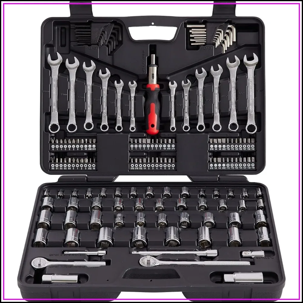161-Piece Mechanics Tool Set with Socket Wrench - SAE & Metric, Deep & Shallow Sockets, Alloy Steel, Heavy-Duty Case for Auto Repair
161-Piece Mechanics Tool Set with Socket Wrench - SAE & Metric, Deep & Shallow Sockets, Alloy Steel, Heavy-Duty Case for Auto Repair