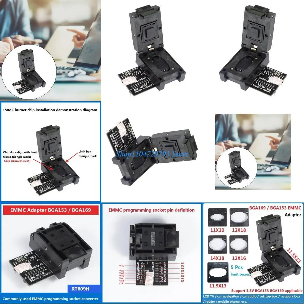 Y2GD EMMC Adapter BGA153 BGA169 Burning Seats RTBGA169-01 Socket for RT809H Programmer Mobile Car
Y2GD EMMC Adapter BGA153 BGA169 Burning Seats RTBGA169-01 Socket for RT809H Programmer Mobile Car