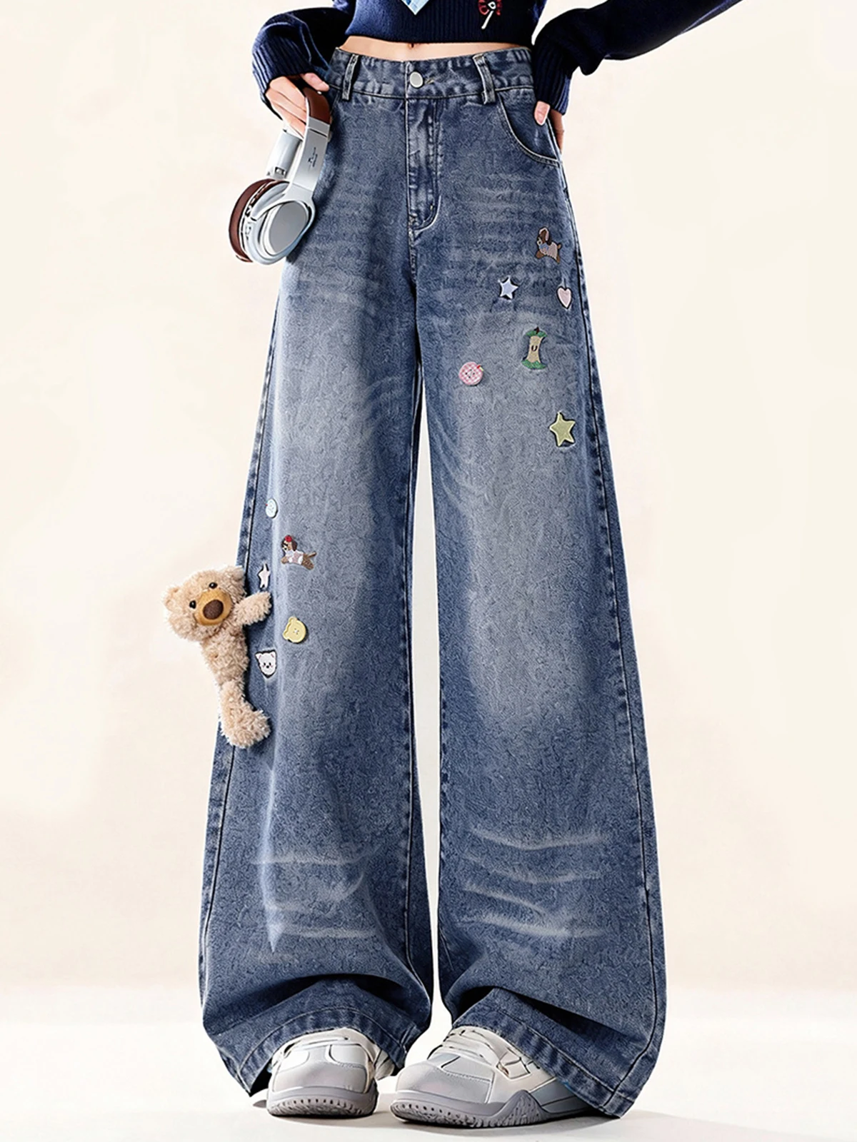 ENJOG Retro Blue Denim Pants Women's Loose Straight Casual Trousers Fun Bear Design Comfortable Fit Natural Waist Jeans
ENJOG Retro Blue Denim Pants Women's Loose Straight Casual Trousers Fun Bear Design Comfortable Fit Natural Waist Jeans