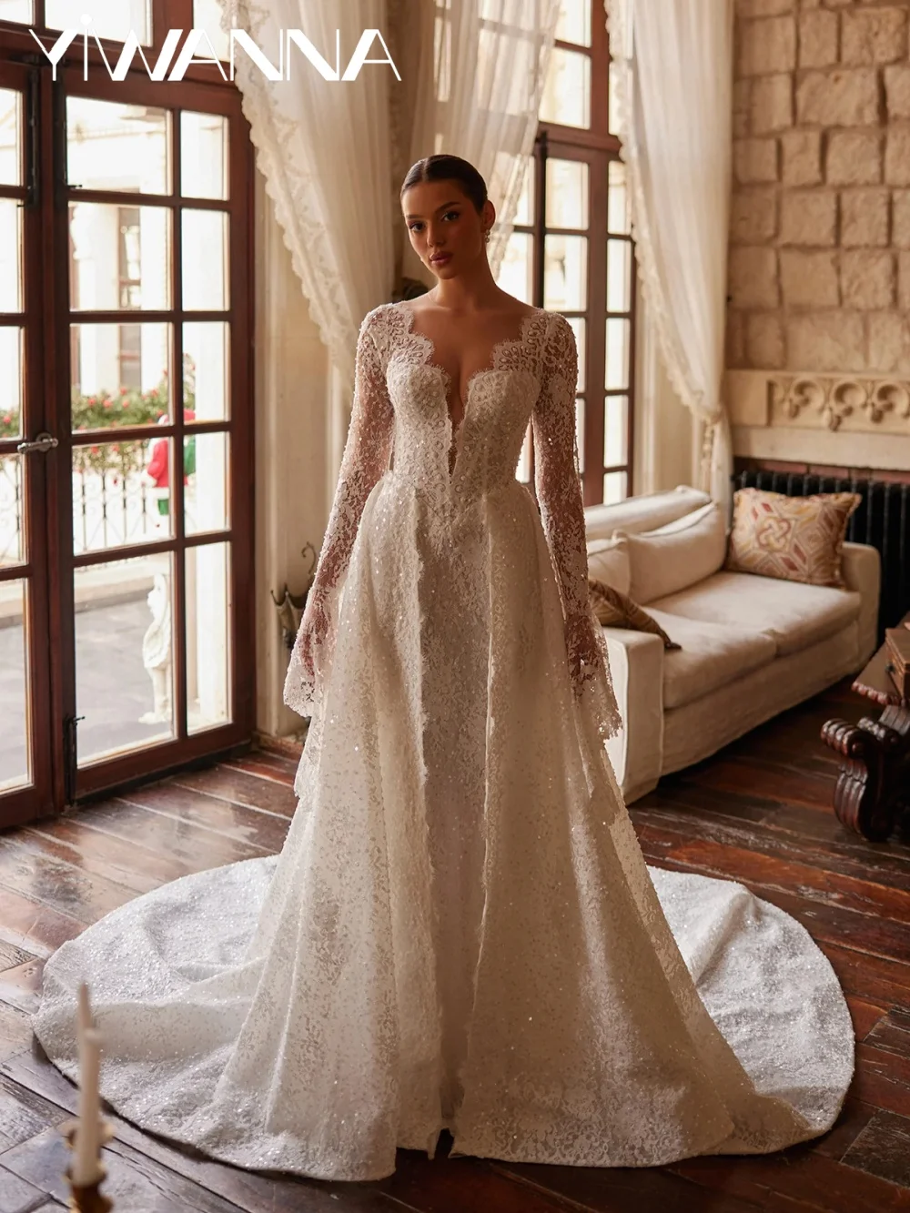 Glimmering Beaded Lace Wedding Dress With Overskirt Illusion Deep V-neck Bridal Gown New Customzied Modest Dresses For Bride
Glimmering Beaded Lace Wedding Dress With Overskirt Illusion Deep V-neck Bridal Gown New Customzied Modest Dresses For Bride