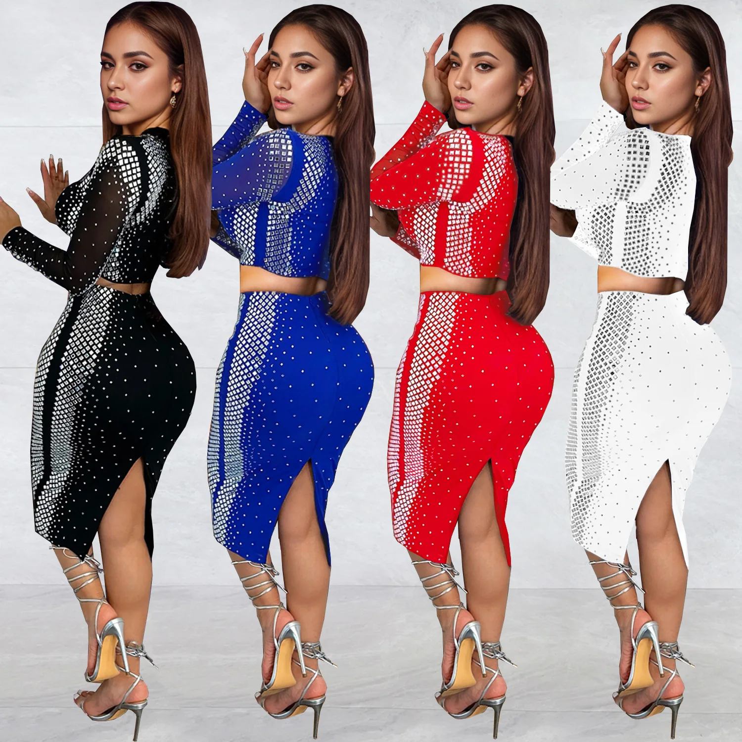 European and American fashion women's clothing hot diamond long-sleeved two-piece slim skirt set new
European and American fashion women's clothing hot diamond long-sleeved two-piece slim skirt set new