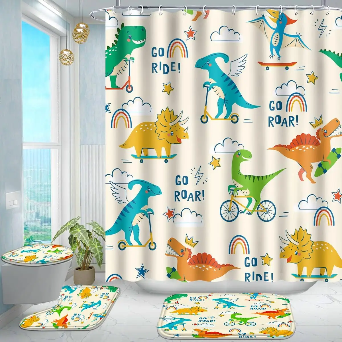 4PCS Cartoon Dinosaur Shower Curtain Set with Rugs,Colorful Jurassic Dino Funny Animal Shower Curtain Boys Girls Bathroom Decor
4PCS Cartoon Dinosaur Shower Curtain Set with Rugs,Colorful Jurassic Dino Funny Animal Shower Curtain Boys Girls Bathroom Decor