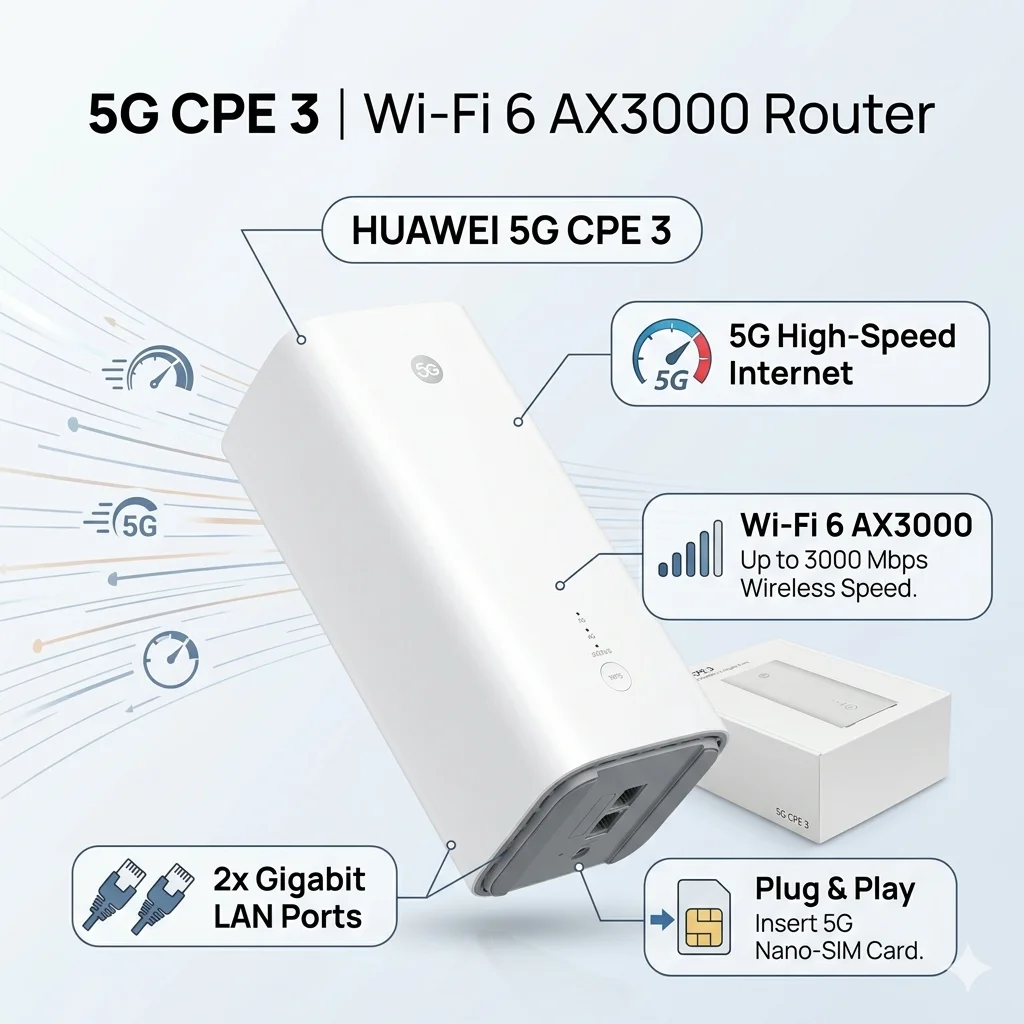 HUAWEI 5G CPE 3 H138-380 | AX3000 Next-Gen WiFi 6 Router Global Version | Unlocked for All Carriers | Plug & Play
HUAWEI 5G CPE 3 H138-380 | AX3000 Next-Gen WiFi 6 Router Global Version | Unlocked for All Carriers | Plug & Play
