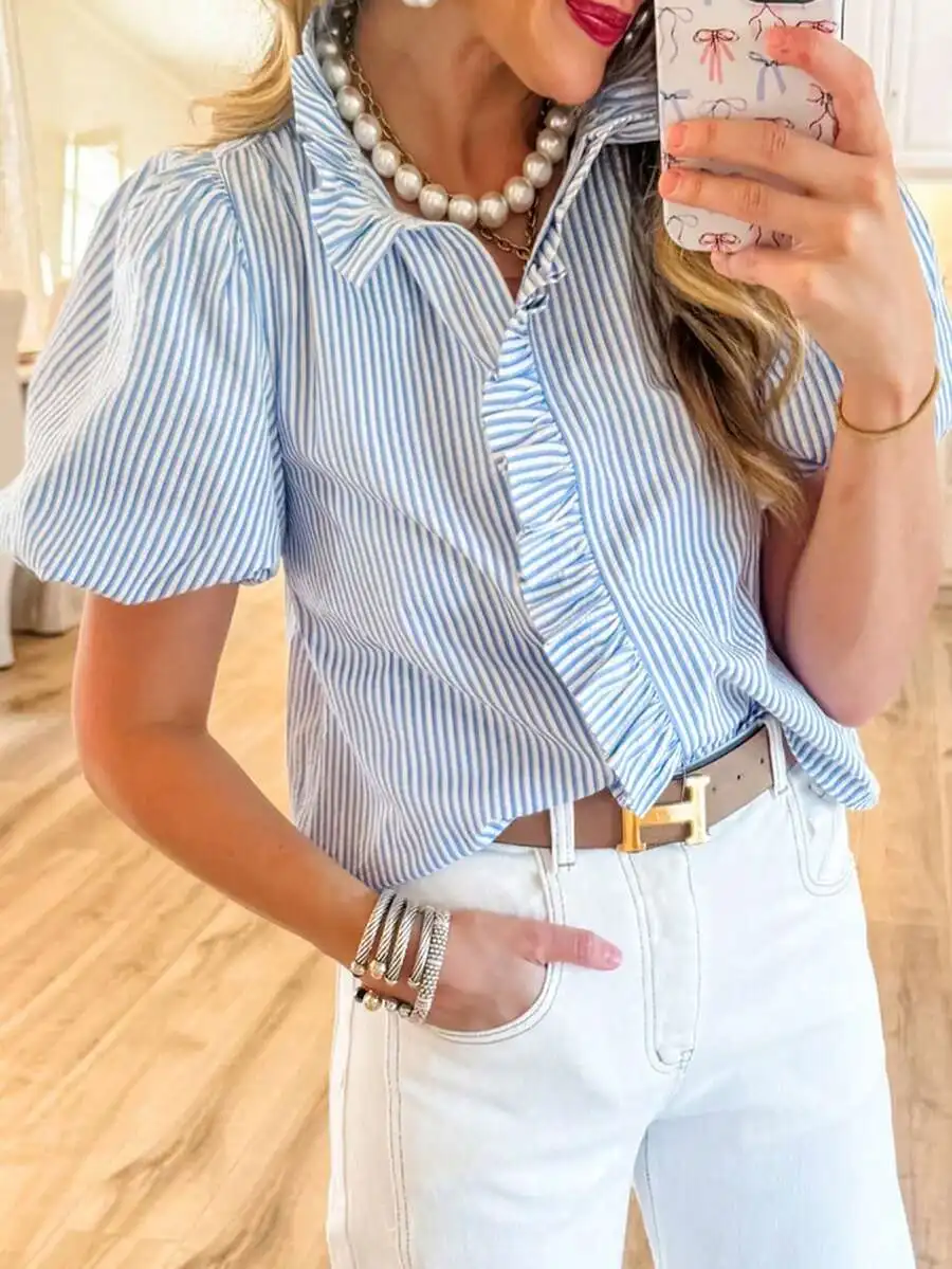 Blue White Striped Puff Sleeve Ruffle Collar Casual Shirt Summer
Blue White Striped Puff Sleeve Ruffle Collar Casual Shirt Summer