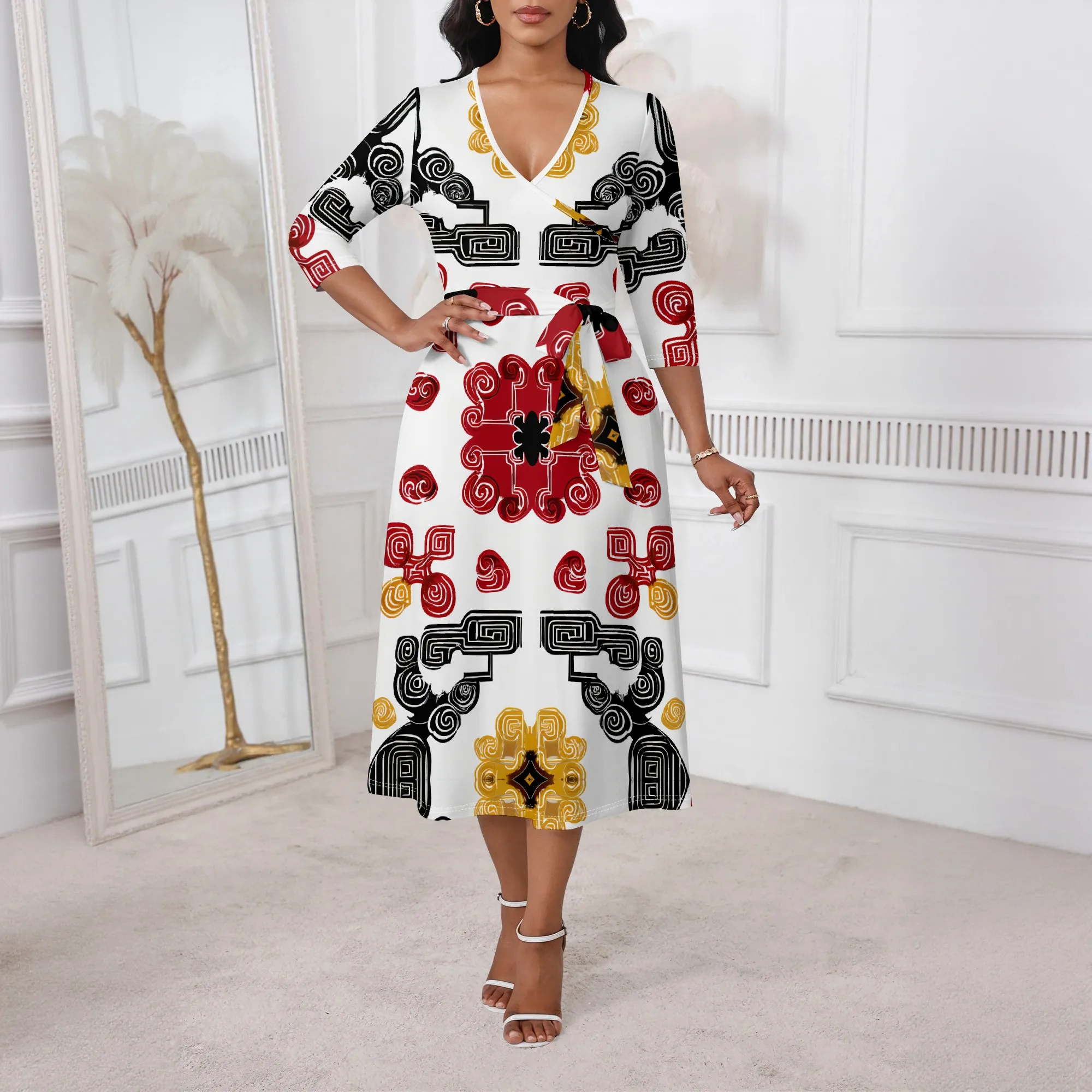 Tribal Geometric Wrap Dress XS-3XL V-Neck A-Line Belted 3/4 Sleeve Style for Kwanzaa, Afro Festival or Cultural Art Event
Tribal Geometric Wrap Dress XS-3XL V-Neck A-Line Belted 3/4 Sleeve Style for Kwanzaa, Afro Festival or Cultural Art Event