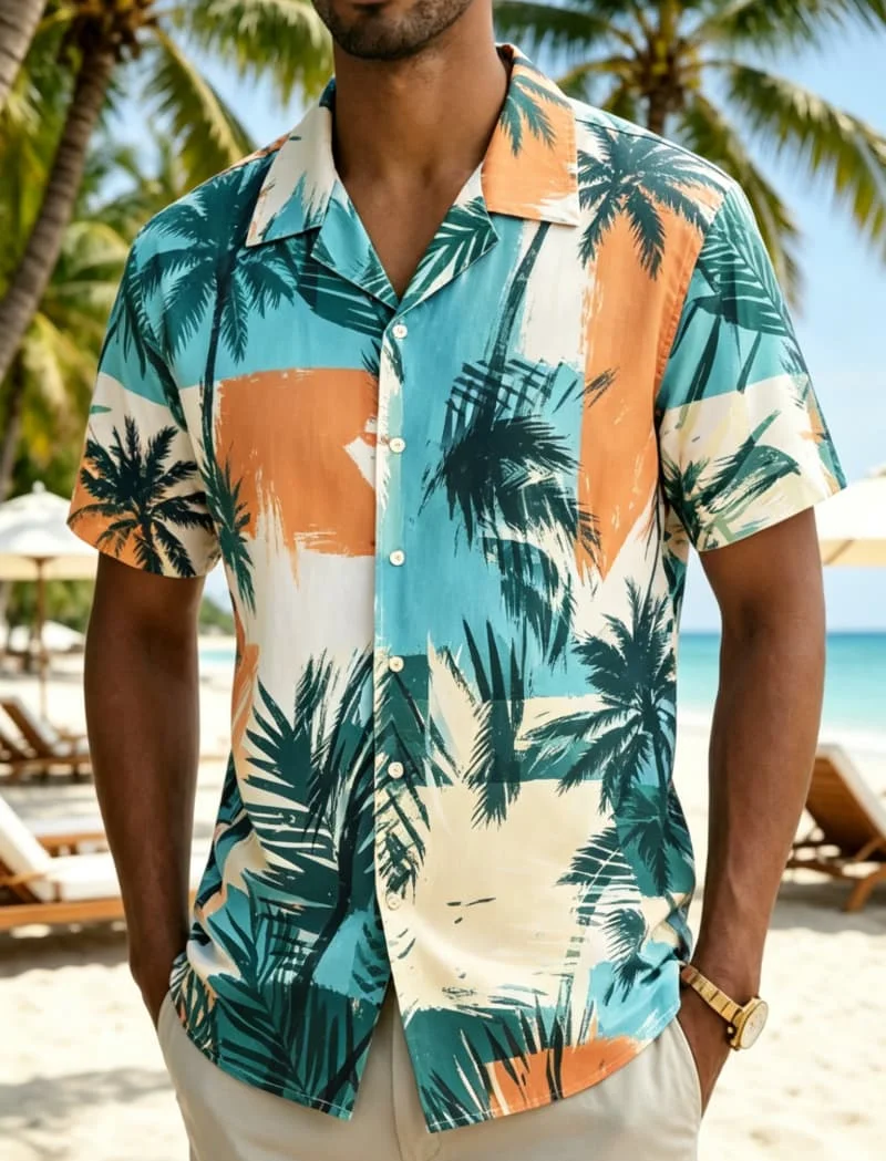 Men's contrasting plaid palm print Hawaiian shirt, for business and leisure, customer meetings, daily wear, and vacation travel
Men's contrasting plaid palm print Hawaiian shirt, for business and leisure, customer meetings, daily wear, and vacation travel