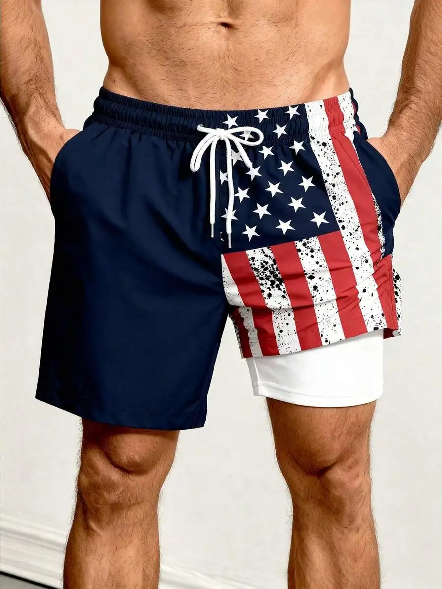 Mens Quick-Dry Compression Board Shorts With Drawstring Waist And USA Flag Print
Mens Quick-Dry Compression Board Shorts With Drawstring Waist And USA Flag Print