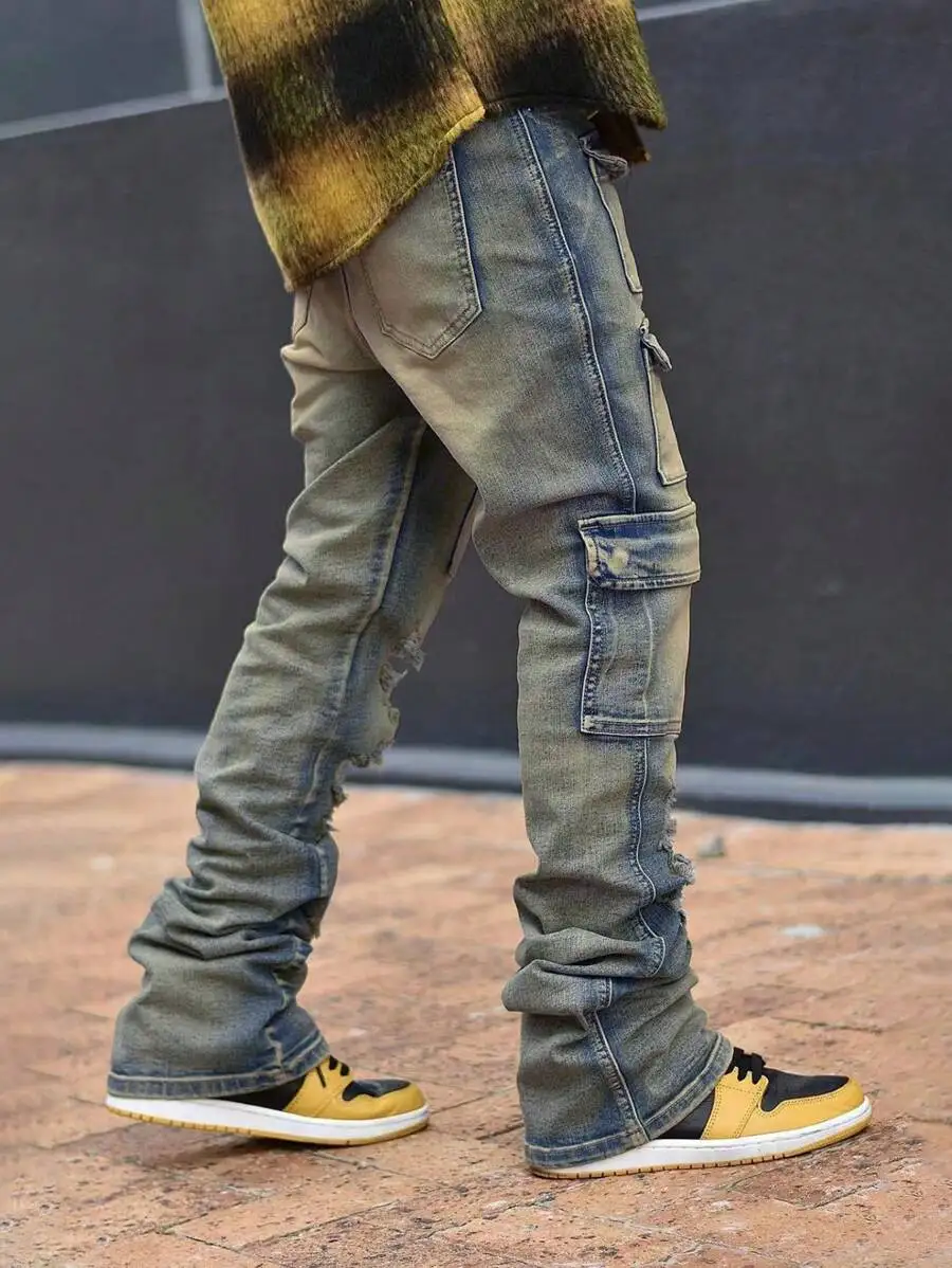 Mens Washed Distressed Flare Leg Cargo Jeans Street Urban Casual
Mens Washed Distressed Flare Leg Cargo Jeans Street Urban Casual