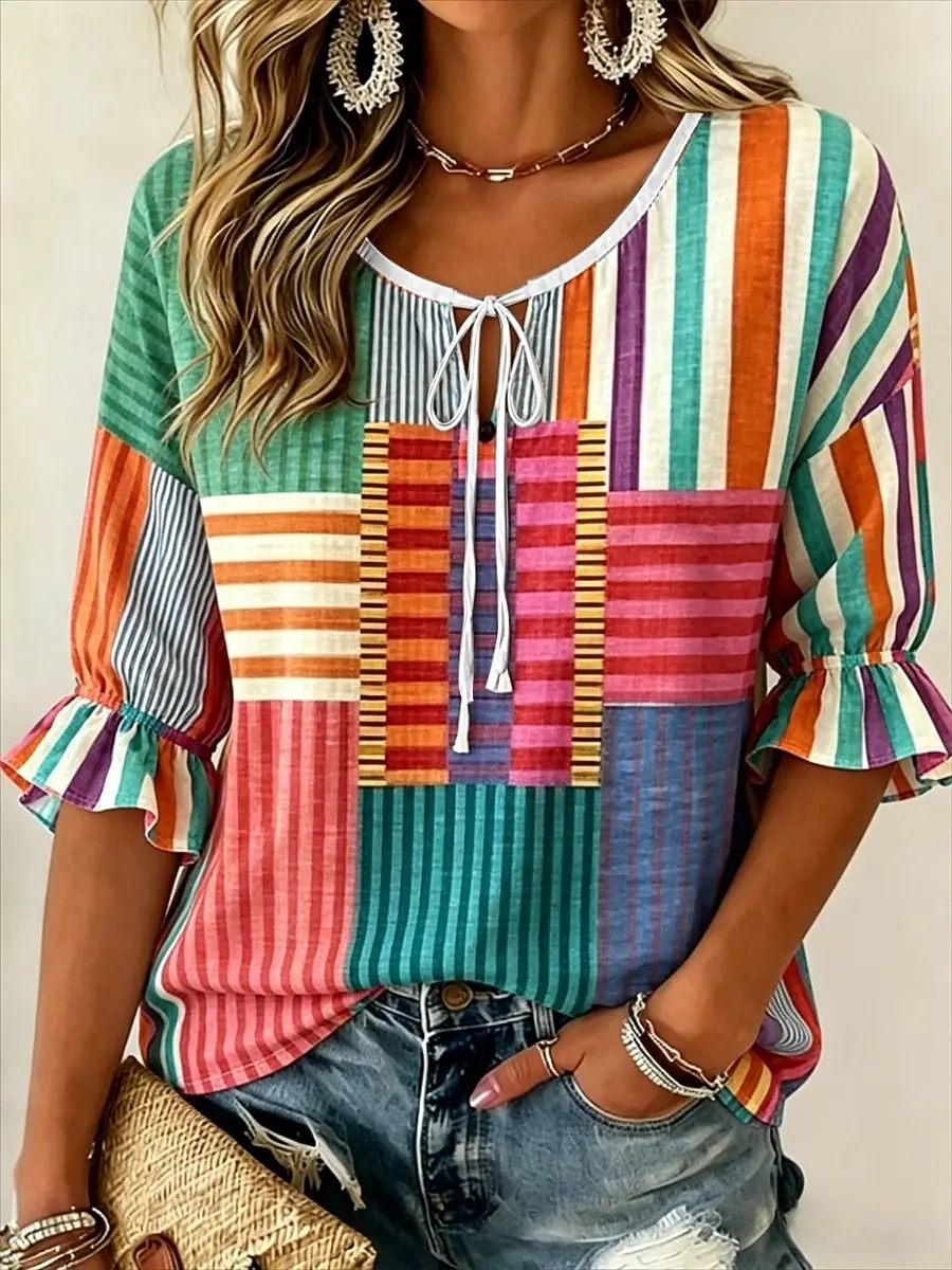 Women's Colorful Patchwork Striped Print Tie Neck Blouse, Casual Loose Tops for Spring Summer Daily Wear & Vacation Occasions
Women's Colorful Patchwork Striped Print Tie Neck Blouse, Casual Loose Tops for Spring Summer Daily Wear & Vacation Occasions