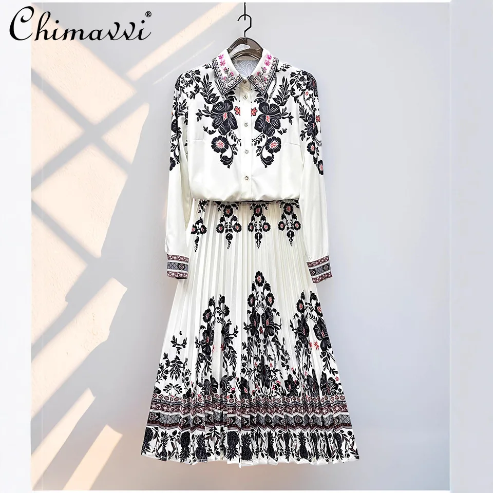 Модная ретро рубашка с отложным воротником и длинными рукавами, эластичная плиссированная полуюбка с высокой талией и бисером, комплект из двух предметов с принтом 
Модная ретро рубашка с отложным воротником и длинными рукавами, эластичная плиссированная полуюбка с высокой талией и бисером, комплект из двух предметов с принтом