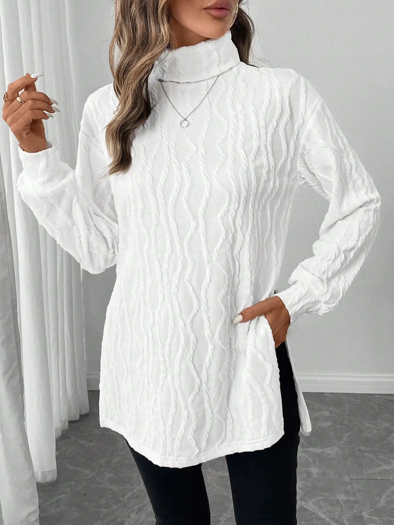 White Textured High Neck Long Sleeve T-Shirt with Cable Knit Design, Casual Oversized Fit for All Seasons
White Textured High Neck Long Sleeve T-Shirt with Cable Knit Design, Casual Oversized Fit for All Seasons