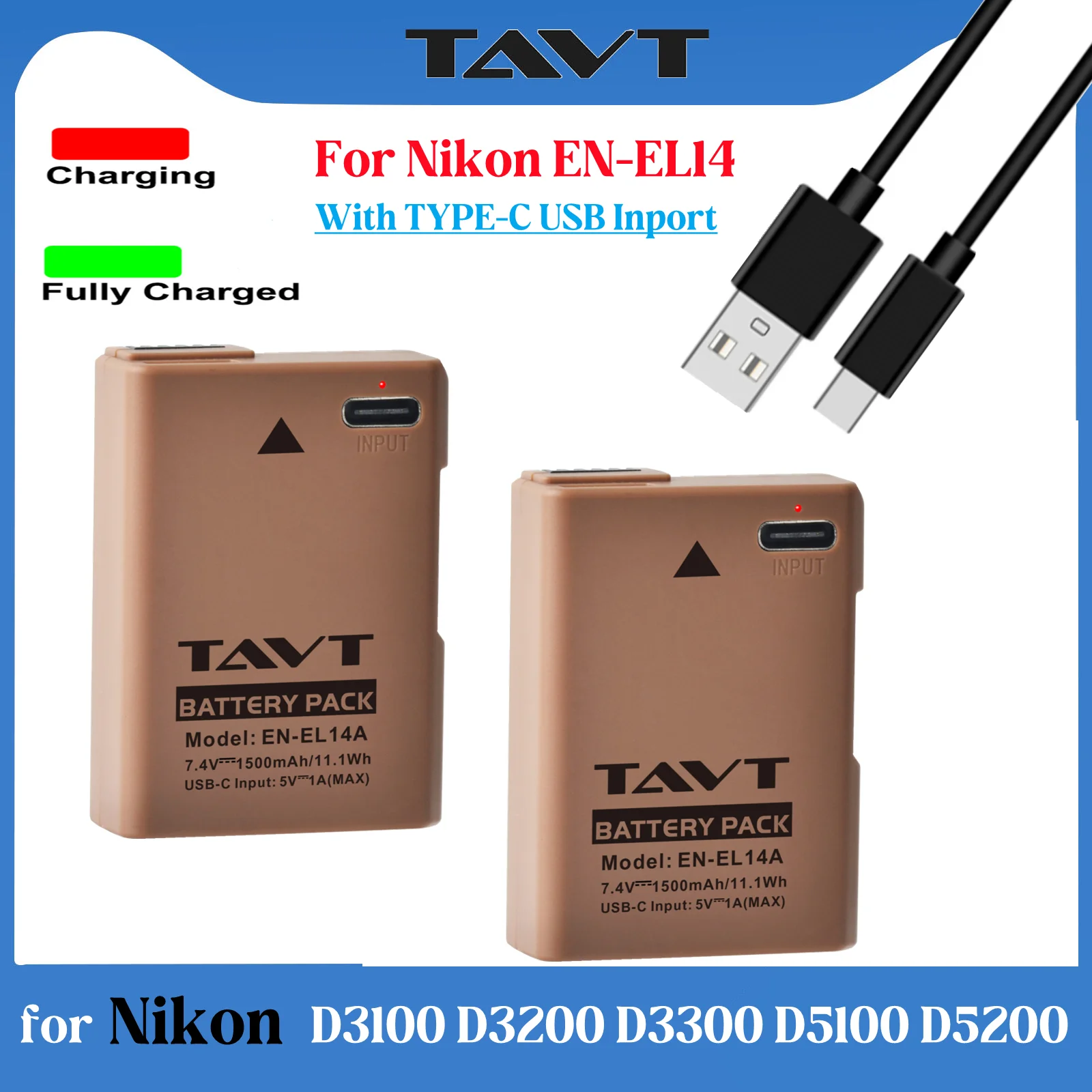 TAVT EN-EL14 USB Type-C EN-EL14a EN EL14 Battery for Nikon D3500 D5600 D3400 D5100 D5200 P7100 D3100 D3200 D3300 P7700
TAVT EN-EL14 USB Type-C EN-EL14a EN EL14 Battery for Nikon D3500 D5600 D3400 D5100 D5200 P7100 D3100 D3200 D3300 P7700