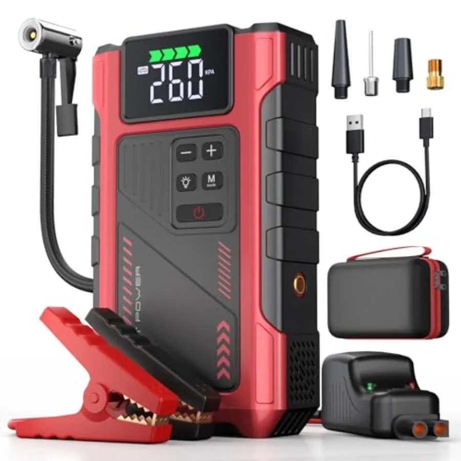 4500A Car Jump Starter with Air Compressor Portable Battery Charger Jumpstart 12V Vehicle Power Pack with 150PSI Tire Inflator
4500A Car Jump Starter with Air Compressor Portable Battery Charger Jumpstart 12V Vehicle Power Pack with 150PSI Tire Inflator