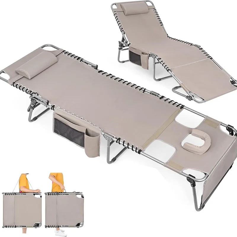 Adjustable 5-speed Face Hole Folding Recliner Outdoor Portable Oversized Pool Side Bag Camping Cot Bed Sun Beach Bed
Adjustable 5-speed Face Hole Folding Recliner Outdoor Portable Oversized Pool Side Bag Camping Cot Bed Sun Beach Bed